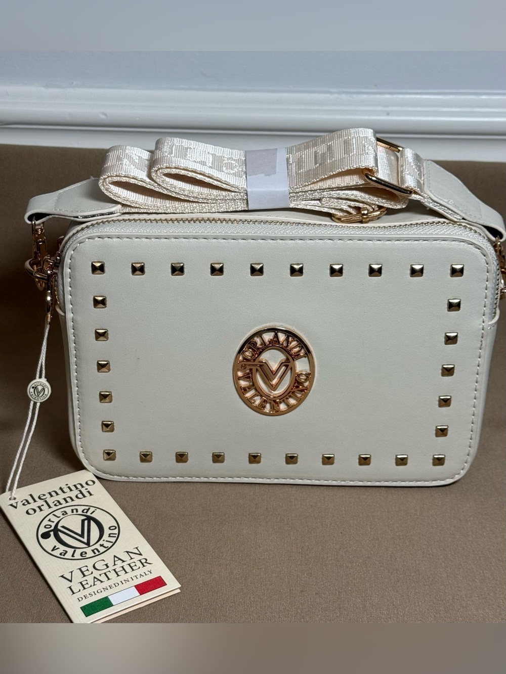 Valentino Orlandi Cream Vegan Leather Studded Crossbody with Gold Accents NWT